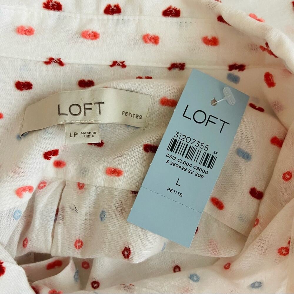 NWT Loft white blue pink dot coastal lightweight button front shirt top LP - Picture 7 of 7